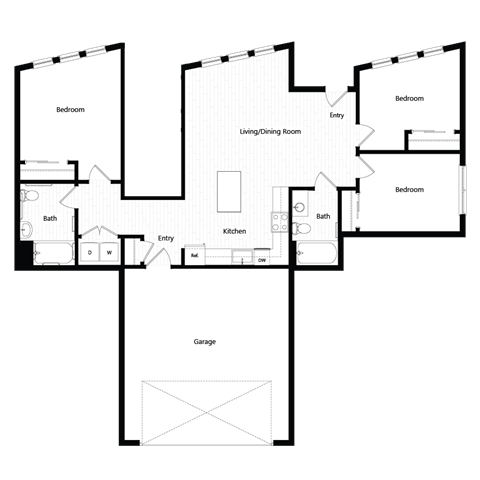 Floor plan T3. A three bedroom, two bath townhome floor plan at Chroma Apartments in Highlands Ranch